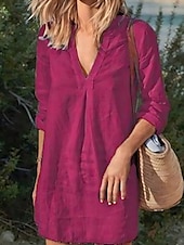 cheap Dresses-Women&#039;s Mini Dress Shift Dress Linen Casual Daily Regular Fit Graphic Long Sleeve V Neck Black White Wine Gray Summer