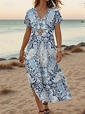 abordables Robes Boho-Femmes Robe maxi Robe d&#039;Été Robe trapèze Vacances Occasionnel Boho Sortir Plage Coupe Ample Fleuri Graphique Géométrique Manche Courte Col en V Bleu Été Printemps