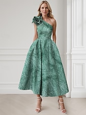 voordelige Cocktailjurken-Jacquard Groen Blauw A-Lijn Cocktailjurk Elegante Jurk Formele Bruiloft Gast Enkellengte Mouwloos Één Schouder Nylon met Zak Schouderbloem Bruiloft Gast Jurk