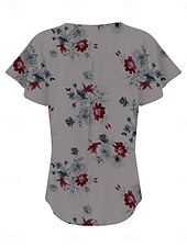 abordables T-shirt floral-Blouses d&#039;été pour femmes tops floraux stylés décontractés manches courtes col en V tops réguliers quotidien imprimé blanc bleu gris bleu clair été printemps