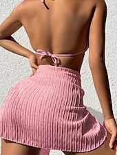 abordables Ensemble bikini 3 pièces-Femmes Maillots de Bain Bikini Trois Pièces Maillot de bain Dos nu Tropical Tenues de plage Uni Col Halter Sans manches Maillots de bain