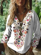 Women's Blouse Floral Graphic Paisley Bohemia Vintage Tropical 3/4 Length Sleeve V Neck Regular Tops Ruched Embroidered Print Black White Summer Spring4