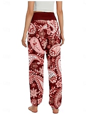billiga Grafisk linnebyxa i bomull-Dam Linneinspirerade byxor Brett skaft Byxor Etnisk Stil Ledigt Boho Fullängd Hög midja Blommig Paisley Ficka Elastisk midja Tryck Mateial som andas Mjuk Microelastisk Utomhus Yoga Röd Blå Mörkgrön
