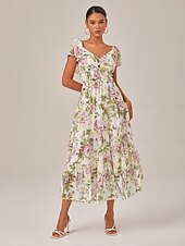 baratos Vestidos Florais Elegantes-Feminino Vestido de chiffon Vestido Longo Amarelo Verão Decote Princesa Elegante Férias Moda S M L