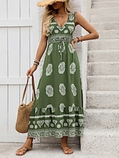 billige Boho-kjoler-Dame Maxikjole Solkjole Kjole med A-linje Fit And Flare Dress Ferie Fritid Bohem utendørs Fest Ut på byen Normal Blomstret Grafisk Ermeløs V-hals Grønn Sommer