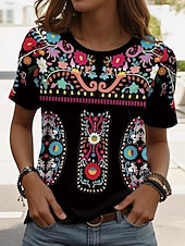 tanie T-shirt boho-Damskie Podkoszulek Graficzny W Tureckie Wzory Zabytkowe Elegancki Codzienny Krótki rękaw Półgolf Zwykłe topy Codzienny Weekend Stroje plażowe Nadruk Czarny + Biały + Czerwony Czarny Rumiany r
