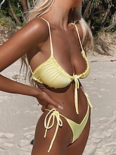 abordables Ensemble de bikinis-Maillots de bain pour femmes Bikini 2 pièces Maillot de bain thong Dos nu Slim Mode de vacances Couleur unie Col en V Sans manches Maillots de bain