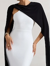 cheap WHITE-Black and White Cape Dress Mermaid / Trumpet Detachable Cape Evening Gown Elegant Dress Semi Formal Wedding Wedding Guest Dress Floor Length Crew Neck Stretch Crepe with Ruched Details