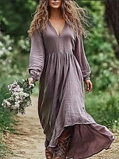 preiswerte Ausgefallene Kleider-Damen Langes Kleid Maxikleid Freizeitkleid Sommerkleid Boho-Kleid Tribal Urlaub Täglich Normale Passform Einfarbig Langarm V Ausschnitt Blau Purpur Sommer