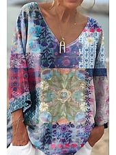 billige Blomstrete topper-Dame Bluse Blomstret Grafisk Geometrisk Stilfull Fritid Langermet 3/4 ermer V-hals Vanlige topper Daglig Blå Lilla Oransje Grønn Sommer Vår