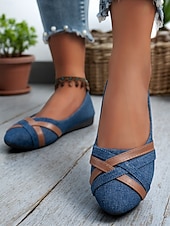 cheap Women&#039;s Flats-Women&#039;s Dark Blue Denim and Faux Leather Crisscross Flats – Vintage-Inspired Casual Ballerina Shoes for Daily Wear &amp; Weekend Styling