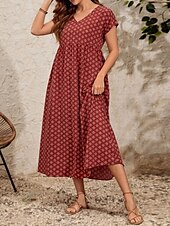 tanie Sukienka w paski i geometryczna-Damskie Sukienka maxi Sukienka A line Letnie sukienki Codzienny Codzienny Regularny Graficzny Geometryczny Krótki rękaw W serek Czarny Wino Czerwony Zielony Lato