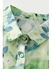 economico Camicie-Per donna Camicia Abbottonare Camicia in cotone e lino Blusa Fiore Elegante Moderno Manica Lunga Scollo a V Top Regolari Ferie Uscire Bottoni Stampato Verde Estate