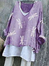 billige Dyr Topp-Dame Bluse Grafisk Dragonfly Stilfull Fritid 3/4 ermer V-hals Vanlige topper Daglig Rosa Blå Lilla Grønn Sommer Vår