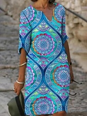 abordables Robes Bohémiennes-Femmes Mini Robe Robe Décontractée Robe fourreau Robe d&#039;été Mode Moderne Quotidien Plage Week-end Coupe régulière Fleuri Manche 3/4 Col en V Aqua bleu bleu marine Bleu Vert Été