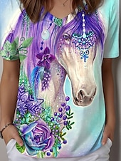 economico Maglietta Animali-T-shirt da donna &quot;Zingara Violet Horse&quot; di Sheena Pike, grafica floreale, stile vintage, casual, elegante, manica corta, scollo a V, top normali, stampa quotidiana, celeste, estate.