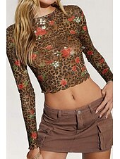 ieftine tricou floral-Pentru femei Tricou Leopard Modern Casual Manșon Lung Stil Nautic Crop Tops Zilnic Ieșire Imprimeu Maro Vară