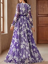 voordelige Onder 129,99 $-A-lijn Moeder van de Bruid Jurk Bloemenprint Casual V-hals Vloer Lengte Chiffon Lange Mouw met Sjerp  Lint Bruiloft Gast Jurk 2025