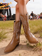 levne Cowboy &amp; Western Boots-Dámské hnědé kovbojské boty v bohémském westernovém stylu – klasické prošívání s blokovým podpatkem pro hudební festivaly, běžné nošení a outdoorové nošení