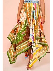 preiswerte Grafische Röcke-Damen Rock Lässig Boho Maxi Mittlere Hüfthöhe Röcke Blumen Druck Asymmetrischer Saum Mikroelastisch Straße Ausgehen Grün Sommer Polyester