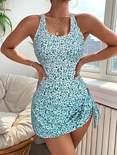 preiswerte Schwimmresse-Damen Badeanzug Tankini Zweiteilig Freche Unterhose Bademode Kordelzug Strandbekleidung Böhmische Blume U-Ausschnitt Ärmellos Badeanzüge