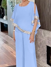 economico Tailleur pantalone della mamma-Tuta Due Pezzi Abito Madre della Sposa Elegante Vintage Semplice Scollatura Rotonda Lunghezza a Terra Chiffon Manica Mezza con Paillettes