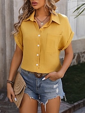 economico Top Semplici da Donna-Camicia da donna a bottone giù blusa a tinta unita elegante casual da spiaggia con maniche corte colletto top regolari quotidiani bottoni tasca nera bianca gialla blu estate primavera