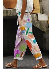 economico Pantaloni in cotone e lino con grafica-Per donna Pantaloni in cotone e lino Pantaloni Eleganti Moda Lunghezza intera Naturale Floreale Tasca Stampa Design con Coulisse Elastica Comodo All&#039;aperto Confortevole All&#039;aperto Vacanza Uscire Blu