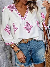 baratos Tops Boho Femininos-Mulheres Blusa Geométrica Boêmia Casual Manga 3/4 Manga Princesa Decote V Tops regulares Diário Imprimir Rosa Azul Marinha Roxo Verde Verão Primavera