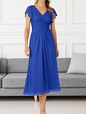 cheap Wedding Guest Dresses-A-Line Wedding Guest Dresses Elegant Dress Wedding Guest Engagement Tea Length Short Sleeve V Neck Chiffon with Pleats Ruched