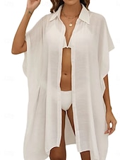 cheap Beach Dresses-Women&#039;s Swimsuits Cover Up Swim Dress Swimsuit Buttons UV Protection Vacation Beach Wear Solid Color V Neck Short Sleeves Bathing Suits