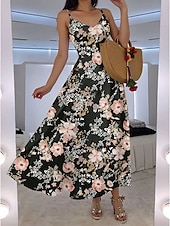 preiswerte Blumenkleider-Damen Maxikleid A Linie Kleid Unterkleid Urlaub Lässig Boho Hochzeit Outdoor Ausgehen Normale Passform Blumen Grafik Ärmellos V Ausschnitt Rosa Blau Orange Sommer Frühling