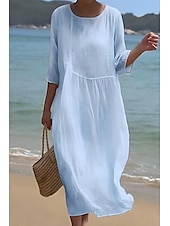 cheap Dresses-Women&#039;s Midi Dress Cotton Linen Dresses Casual Dress Fashion Basic Classic Daily Beach Weekend Regular Fit Plain Half Sleeve Crew Neck White Pink Light Blue Summer