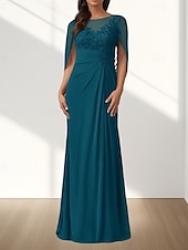 preiswerte Bodenlänge-A-Linie Brautmutterkleid Hochzeitsgast Elegant Rundhalsausschnitt Bodenlang Chiffon Ärmellos mit Applikationen Raffung 2025