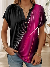 billige Kunst &amp; Design t-skjorte-Dame T skjorte Grafisk Geometrisk Stilfull Fritid Kortermet V-hals Vanlige topper Daglig Trykt mønster Rød Blå Fuksia Sommer Vår