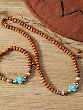 cheap Men&#039;s Jewelry-Men&#039;s Natural Wood Bead Turtle Necklace and Bracelet Set – Boho Beach Style Adjustable Jewelry for Summer Vacations and Casual Wear