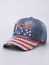 ieftine Pălării de damă-șapcă de baseball din denim cu strass SUA – pălărie strălucitoare cu steag american patriotic pentru femei și bărbați, accesoriu reglabil pentru ținuta de 4 iulie pentru ziua independenței