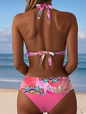 cheap Bikini Sets-Women&#039;s Swimsuits Bikini 2 Piece Cheeky Swimsuit Halter Vintage Sexy Graphic Geometric Plunge Sleeveless Bathing Suits