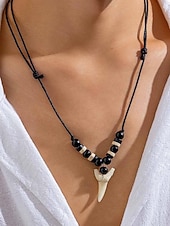 economico Gioielli da uomo-Collana con ciondolo a forma di dente di squalo da uomo – gioiello da surfista con perline in stile tribale fatto a mano con cordino regolabile per spiaggia, vacanze e abbigliamento casual