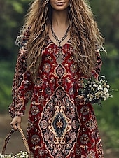 preiswerte Blumenkleid-Damen Maxikleid A Linie Kleid Sommerkleid Lässig Boho Täglich Normale Passform Blumen Grafik Paisley-Muster Langarm Einkerbiger Ausschnitt Wein Blau Purpur Fuchsie Sommer