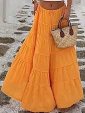 abordables Jupes unies-Jupe Femme Jupe Maxi A-Line Couleur Unie Mode Décontractée Maxi Taille Haute Jupes Unies Poche Impression Micro-Élastique Rue Quotidienne Noir Blanc Orange Vert Été Mélange Polyester Coton
