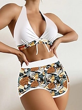 preiswerte Bikini-Sets-Womens Badeanzüge Bikini 2 Teile Shorts Badeanzug Rückenfrei Schlank Urlaub Strandmode Floral Halterhals Ärmellos Badeanzüge