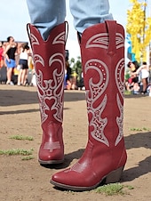 ieftine Cizme Cowboy &amp; Western-cizme de cowboy occidentale de damă cu design brodat – cizme elegante maro cu toc bloc pentru festivaluri de muzică, îmbrăcăminte casual și evenimente în aer liber