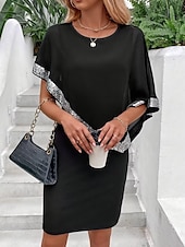 abordables Longueur du thé-Robe Mère de la Mariée Sirène  Trompette Élégante Vintage Simple Col Rond Longueur Thé Chiffon Manches Courtes avec Sequins Robe Midi 2025