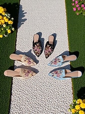 abordables Ballerines femme-mules en satin brodées à bout pointu pour femmes – ballerines à enfiler à fleurs vintage pour les rendez-vous décontractés et les promenades en plein air