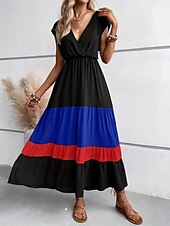 economico Abiti a Strisce e Geometrici-Per donna Abito maxi Abito a trapezio Casual All&#039;aperto Uscire Spiaggia Vestibilità comoda Grafico Manica Corta Scollo a V Blu Fucsia Marrone Estate