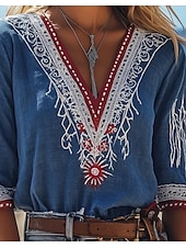 cheap Boho Tops-Women&#039;s Blouse Floral Graphic Paisley Bohemia Vintage Tropical 3/4 Length Sleeve V Neck Regular Tops Blue Summer Spring