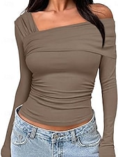 preiswerte Damen Einfache Oberteile-Damen Bluse Einfach Modern Y2K Langarm V Ausschnitt Normale Oberteile Täglich Ferien Gerafft Schwarz Weiß Rosa Kamel Braun Sommer