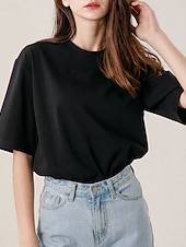 abordables Chemises-Femmes Chemise en lin Chemisier Uni Occasionnel Manche Courte Col ras du cou Hauts Réguliers Quotidien Fête Sortir Noir Jaune Rose Claire Abricot Été
