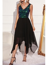 abordables Robes à paillettes-Femmes Robe Midi Robes à paillettes Robe de Soirée Robe Élégante Mode Soirée Coupe régulière Bloc de Couleur Sans manches Col en V Vert Abricot Été